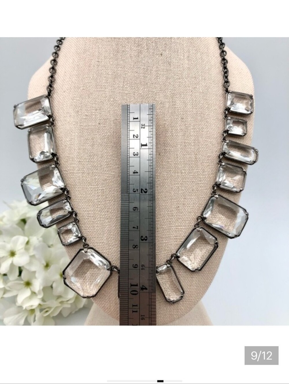 J. Crew Signed Crystal Statement Necklace in Clear with Gunmetal Setting - Picture 4 of 5